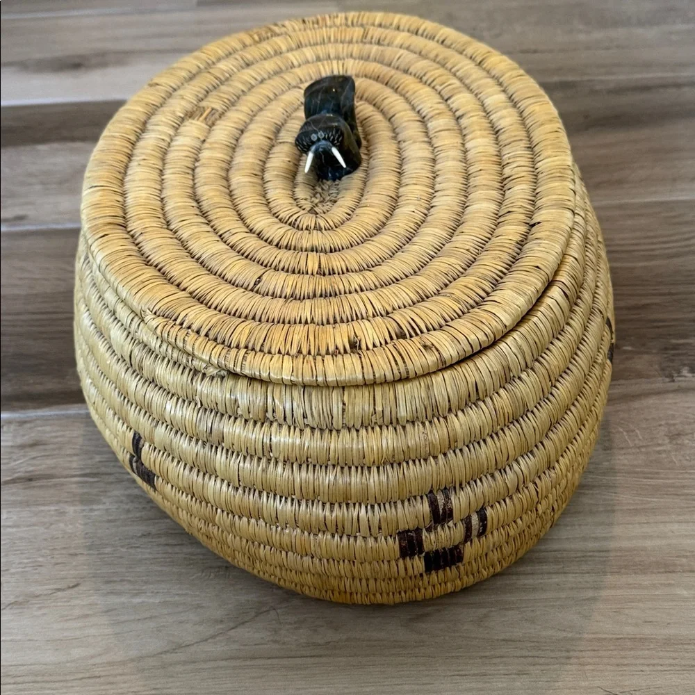 Inuit coil Lyme sea grass woven double soapstone walrus with tusks lid handle